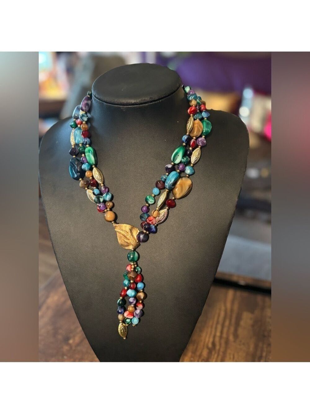 VINTAGE Genuine Lucite Statement Necklace • Gold Leaf Drop • Colorful Boho Luxe